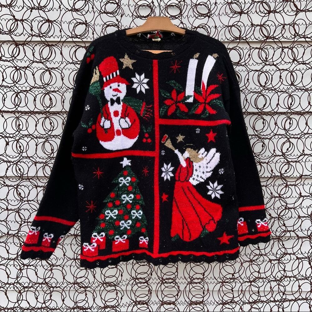VTG 80s 90s Nutcracker Ugly Christmas Sweater Angel Tree Snowman Candle LARGE